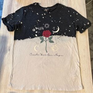 Black and White Graphic Tee with Rose Design
